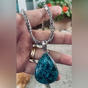.925 Sterling Silver and Turquoise Teardrop Shaped Pendant Necklace 16”